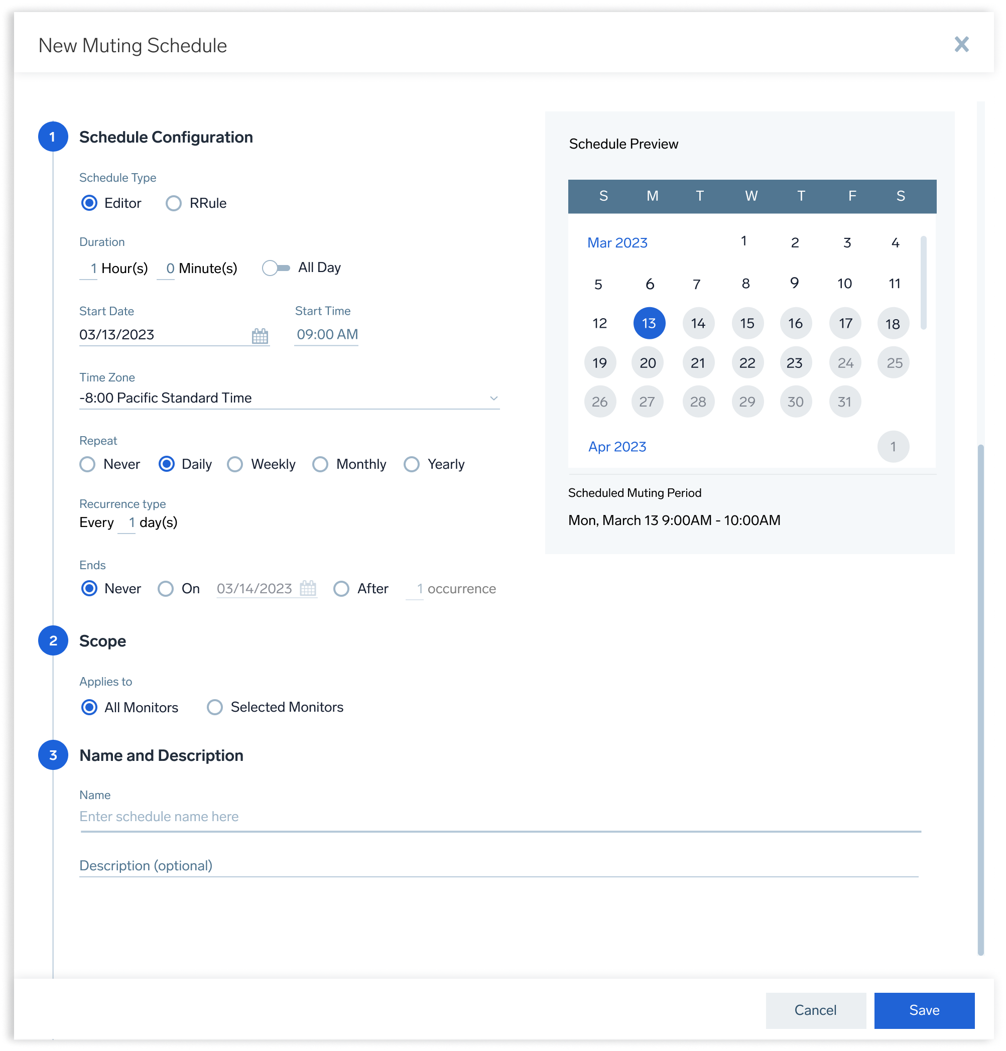 Modal with calendar and schedule options
